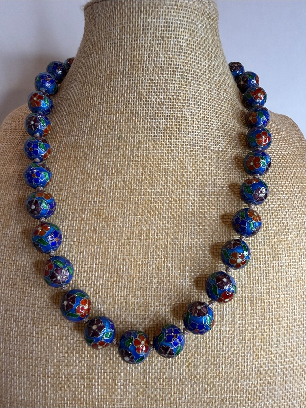 Silver clasp Cloisonné Floral Bead Necklace - Blue